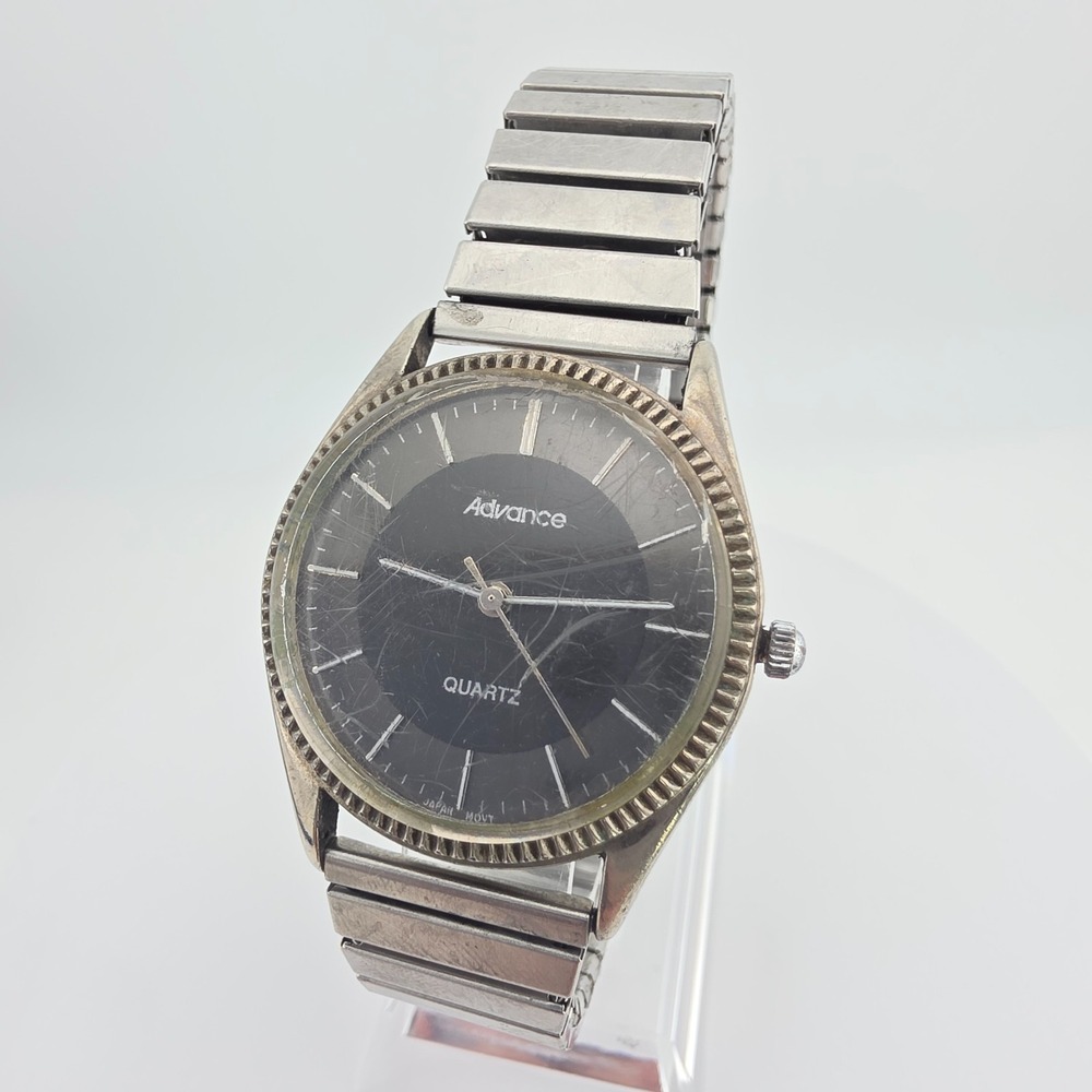 Vintage ADVANCE Mens Watch Black Dial Stretch Link Band Stainless Steel 7.5"